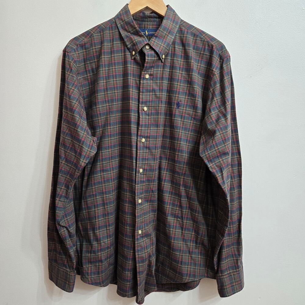 Ralph Lauren Mens Y2K Plaid Classic Button-Down Shirt Size Large Preppy Academia